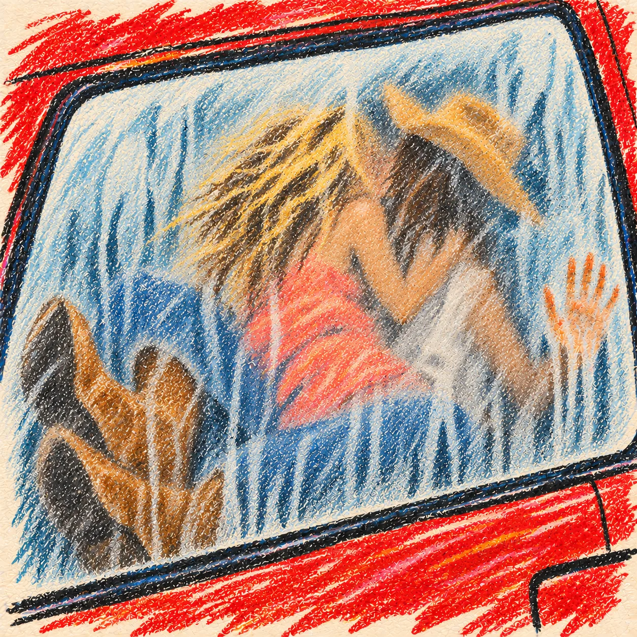a roughly drawn red suv window covered in blue crayon fog obscures two adult women embracing, a cowgirl hat, cowboy boots and one smudged handprint.