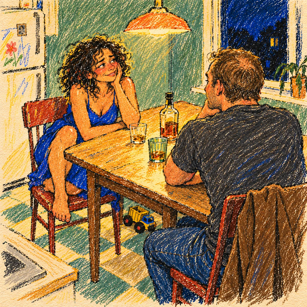 a tired dark-haired woman and a short-haired man linger across a small kitchen table at night, with a coat over his chair and a toy truck beneath the table.