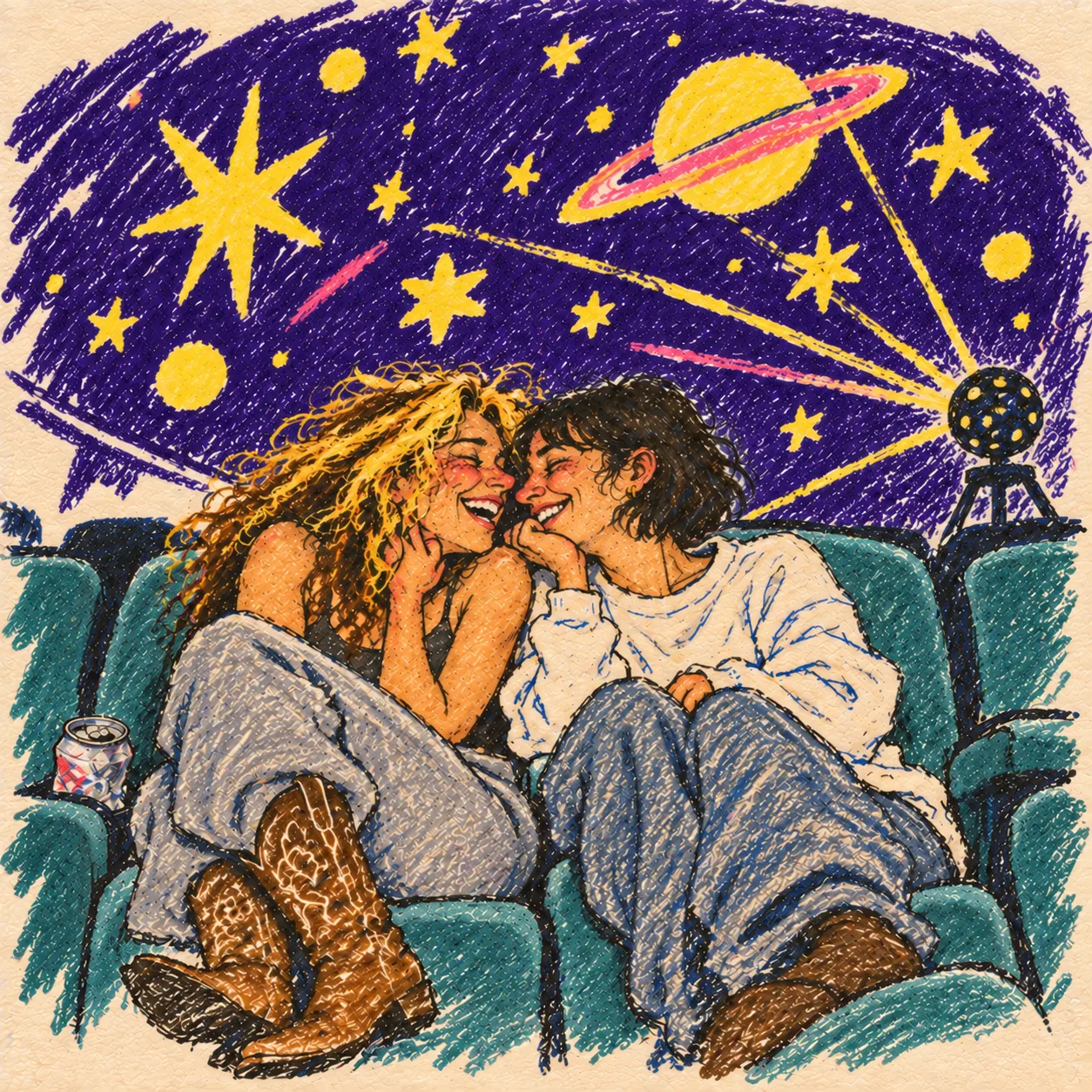 two women laughing together in dusty teal planetarium seats under a deep violet dome with yellow projected stars and saturn.