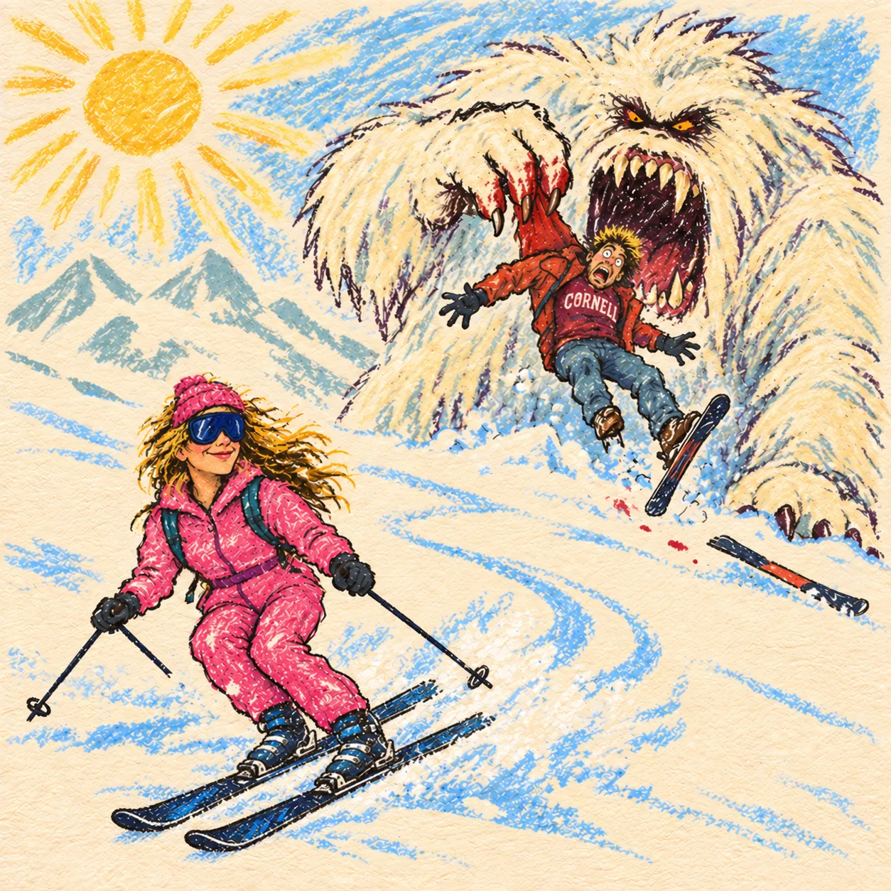 a huge white monster catches a terrified frosted-tip skier in a cornell sweatshirt while the woman in a pink ski suit glides calmly downhill.